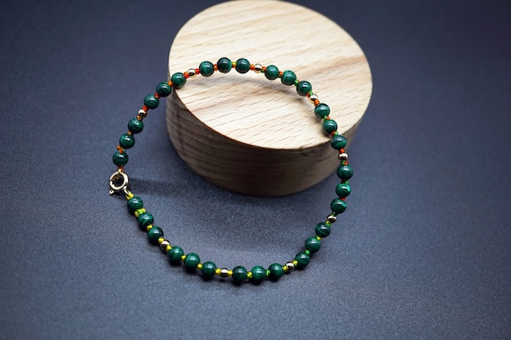 Green Malachite Beaded Bracelet Knotted Green Bead Bracelet, Stacking Bracelet 4MM