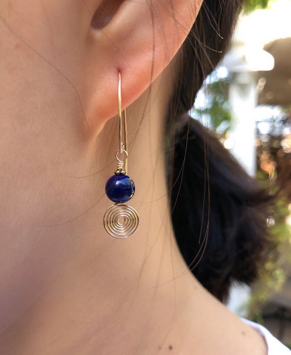Gold Spiral Earrings, Natural Lapis Lazuli Earrings, Blue Dangle Earrings, Drop Hook Earrings, Handmade Earrings