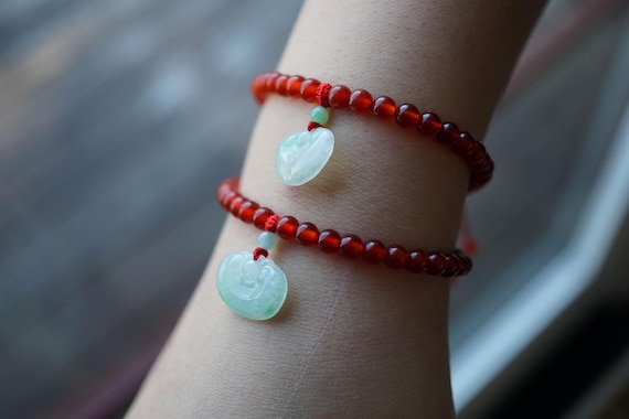 Braided Jade Bracelet: Red or Black Silk Cord, Adjustable