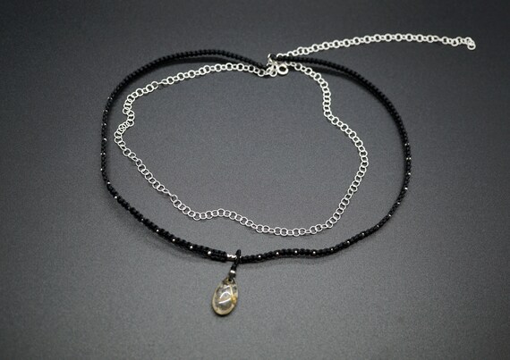 Black Cord Necklace, Black String Silver Choker, Gold Rutilated Quartz Charm, Handmade Silver Necklace, Adjustable Length Necklace