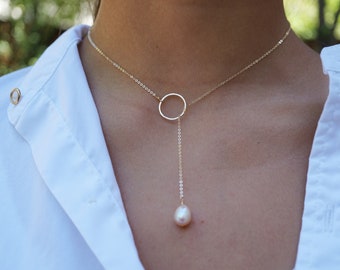 Freshwater Pearl Lariat Necklace, Peach Pearl Drop Y Necklace, Gold Filled Lariat Chaine Necklace