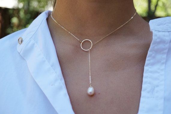 Freshwater Pearl Lariat Necklace, Peach Pearl Drop Y Necklace, Gold Filled Lariat Chaine Necklace