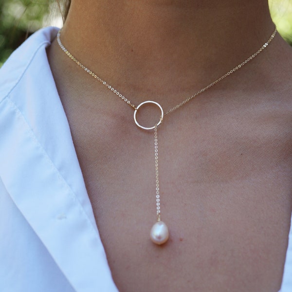 Freshwater Pearl Lariat Necklace, Peach Pearl Drop Y Necklace, Gold Filled Lariat Chaine Necklace