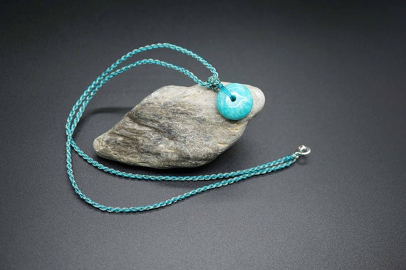 Real Amazonite Charm, Blue Amazonite Choker Necklace, Silk Cork Necklace, Mixed Color Cord Necklace