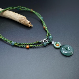 Natural Jadeite Pendant, Donut Jade Charm, Handmade Cord Necklace, Dark Green Jade Charm, 19 inch