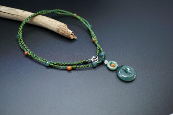 Natural Jadeite Pendant, Donut Jade Charm, Handmade Cord Necklace, Dark Green Jade Charm, 19 inch