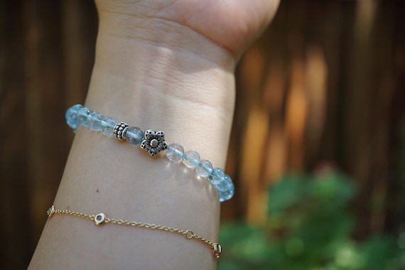 Genuine Aquamarine Beaded Bracelet Good Quality 6mm Silver Charm Best Gift For Her