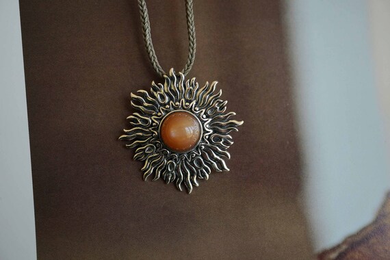 Sterling Silver Sunburst Pendant, Sunstone Pendant, Orange Sunstone Statement Pendant Necklace