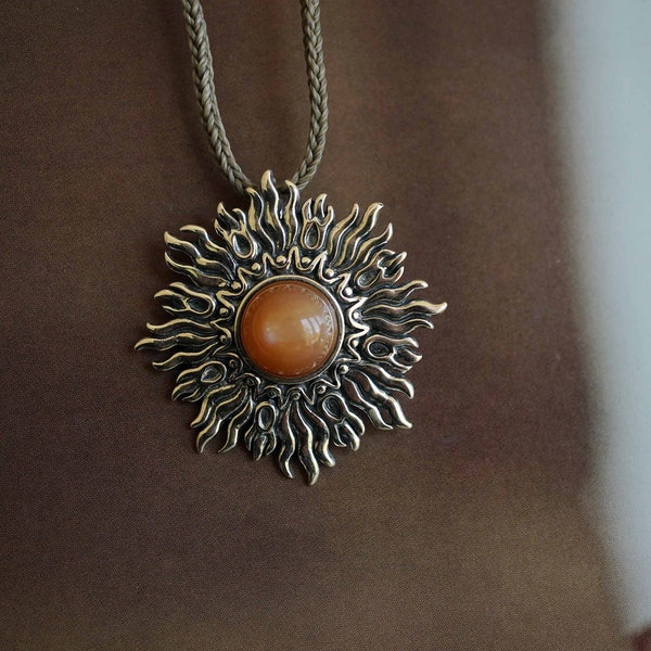 Sterling Silver Sunburst Pendant, Sunstone Pendant, Orange Sunstone Statement Pendant Necklace