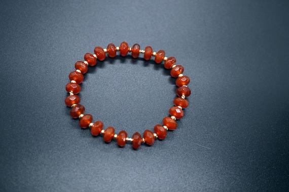 Faceted Carnelian Beaded Bracelet, Buttone Bead Stretch Bracelet Gold Bead Design
