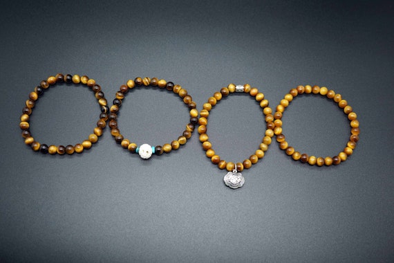 Tigers Eye Bead Bracelet, Silver Charm Bracelet, Couple Beaded Bracelet, 6mm