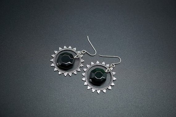 Natural Obsidian Circle Earring, Mandala Silver Dangle Earring, Sun Silver Drop Hook Earring