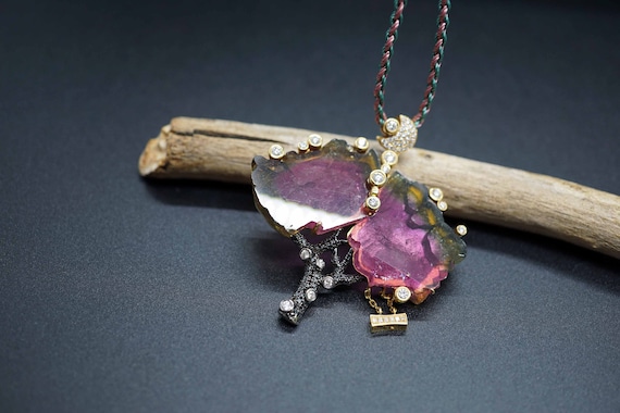 Natural Watermelon Tourmaline, Bi-Color Tourmaline Pendant, Tourmaline Tree Pendant, 18K Yellow Gold Pendant, Diamond Tree Charm