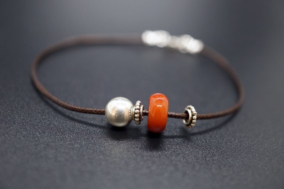 Silver Bead Bracelet, Natural Red Agate Charm, Borwn Cord Bracelet, 7.2 inch Bracelet