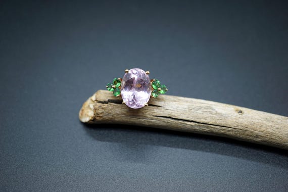 Kunzite Ring, Diopside Ring, 18K Rose Gold, US 5 3/4