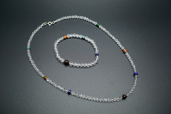 Natural Quartz Bead Necklace, Clear Crystal Jewelry Set, Faceted Crystal Quartz Necklace Bracelet