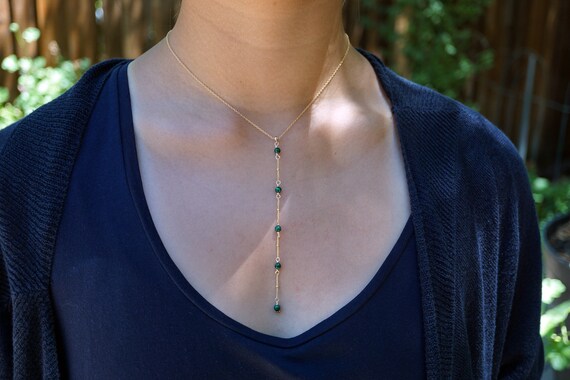 Lariat Y Necklace, Black Tourmaline Lariat, Malachite Y Necklace, Garnet Layering Necklace, Gold Y Necklace