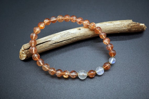 Natural Sparkling Sunstone Bead Bracelet  Orange Flash Sunstone Bracelet Grade AAA