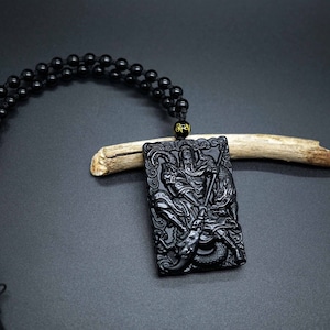 Natural Black Obsidian Pendant, Carved Guanyu Pendant, Black Guangon Obsidian Pendant