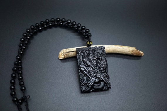 Natural Black Obsidian Pendant, Carved Guanyu Pendant, Black Guangon Obsidian Pendant
