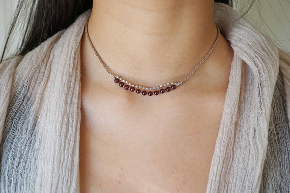Natural Garnet Necklace, Hill Tribes Silver Choker, Custom Choker Necklace, Light Tan Cord Choker