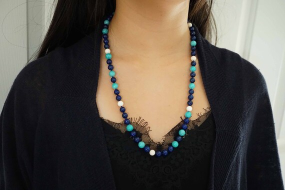 Natural Amazonite Bead Necklace, Lapis Lazuli Necklace, Hand Knotted Beaded Necklce, Asymmetic Beaded Necklace
