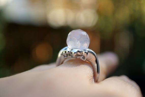 Faceted Rose Quartz Ring, Rose Silver Ring, Pink Quartz Statement Ring, US 6