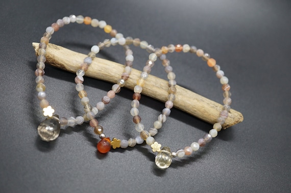 Faceted Botswana Agate Beaded Bracelet With Gold Plated Star Handmade 4mm