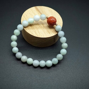 Genuine White Jade Bead Bracelet, Naural Round Jade Bracelet 7.7mm, Nanhong Agate
