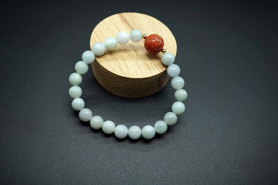 Genuine White Jade Bead Bracelet, Naural Round Jade Bracelet 7.7mm, Nanhong Agate