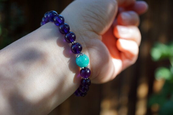 Natural Amethyst Bracelet, Round Amethyst Bracelet, Amazonite Bracelet, February Birthstone 8mm
