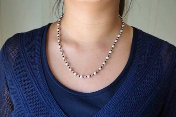 Natural Pearl Necklace, Grey Pearl Beaded Necklace, Black Tourmaline Necklace, 6mm
