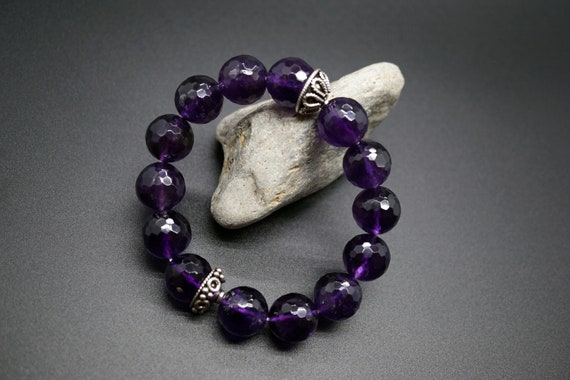 Natural Faceted Amethyst, Silver Amethyst Bracelet, February Birthstone, Amethyst Bracelet 14mm