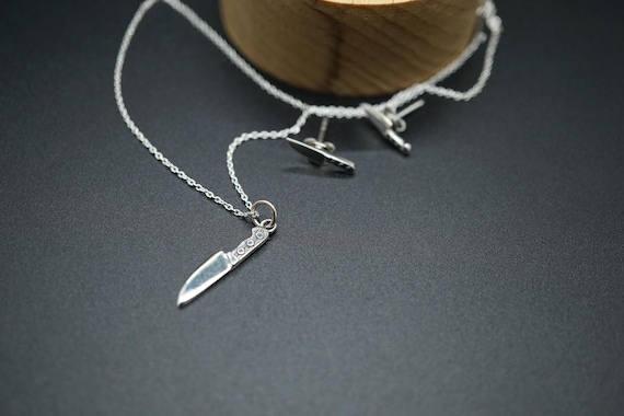 Sterling Silver Charms Necklace, Silver Knife Charm, Kitchen Knife Jewelry Set, Knife Post Earrings