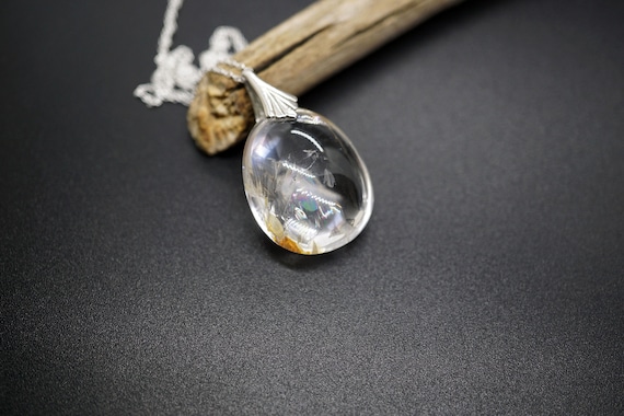 Genuine Rainbow Quartz, Natural Quartz Pendant, Mica Teardrop Charm, Silver Chain Necklace, 18''
