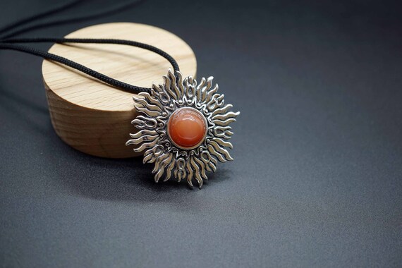 Sterling Silver Sunburst Pendant, Sunstone Pendant, Orange Sunstone Statement Pendant Necklace