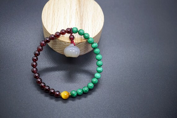 Natural Malachite Bracelet, Garnet Bracelet, Agate Pumpkin Charm, Contrast Color Bracelet, 5mm