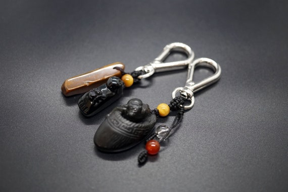 Obsidian Carved Bat on Shoe Key Chain Spider on Foot Good Lucky Lanyard Gift For Her For Him Couple Gift