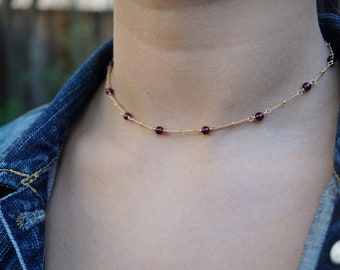Natural Garnet Necklace: Gold Filled Chain, January Birthstone Choker