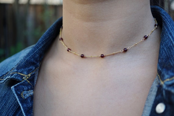 Natural Garnet Necklace, Gold Filled Chain Choker, Red Garnet Choker, January Birthstone Necklace