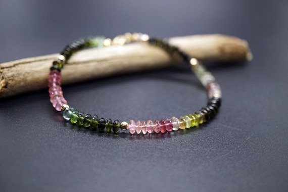 Genuine Multi-Color Tourmaline Disc Beaded Bracelet 4.5mm October Birthstone Healing