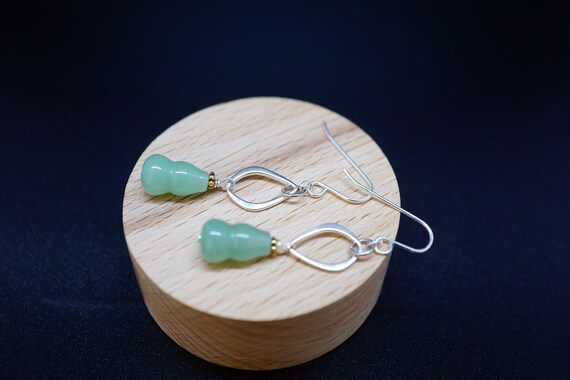 Aventurine Charm Earring, Silver Abstract Earring, Aventurine Gourd Earrings, Green Dangle Earring