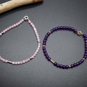 Natürliches Amethyst Armband (4 mm) - Zierliches Rosenquarz Armband (3.3 mm)