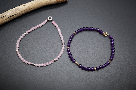 Natural Amethyst Bracelet, 4mm , Dainty Rose Quartz Bracelet, 3.3mm,Custom Cute Bracelet