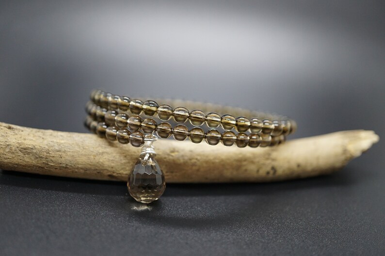 Smooth Smoky Quartz 2 Strand Memory Wire Bracelet Bangle with Tiny Charms 4mm For Her