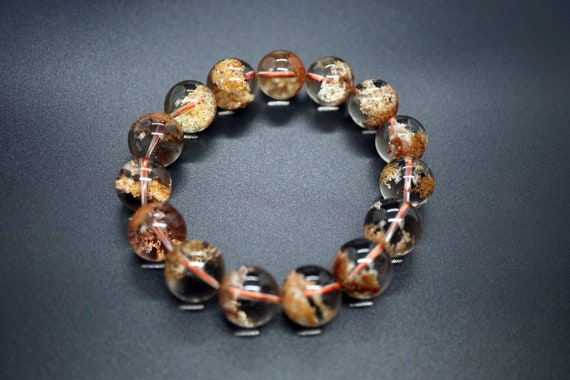 Natural Round Rust Red Ghost Phantom Quartz Beaded Bracelet Rare Quality Quartz 14.6MM for Him Healing