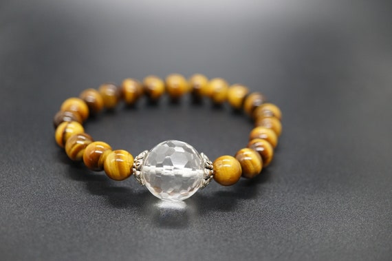 Tigers Eye Beaded Bracelet, Faceted Quartz Bracelet With Silver 8MM