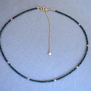 Faceted Malachite Choker: 2mm Green Bead Necklace, Gold Filled