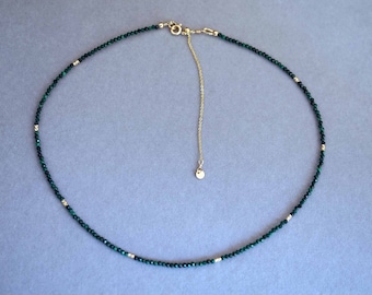 Faceted Malachite Choker: 2mm Green Bead Necklace, Gold Filled