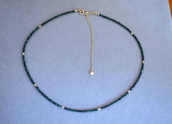 Faceted Malachite Necklace, Tiny Malachite Choker, Green Malachite Necklace, Adjustable Length Necklace, 2mm
